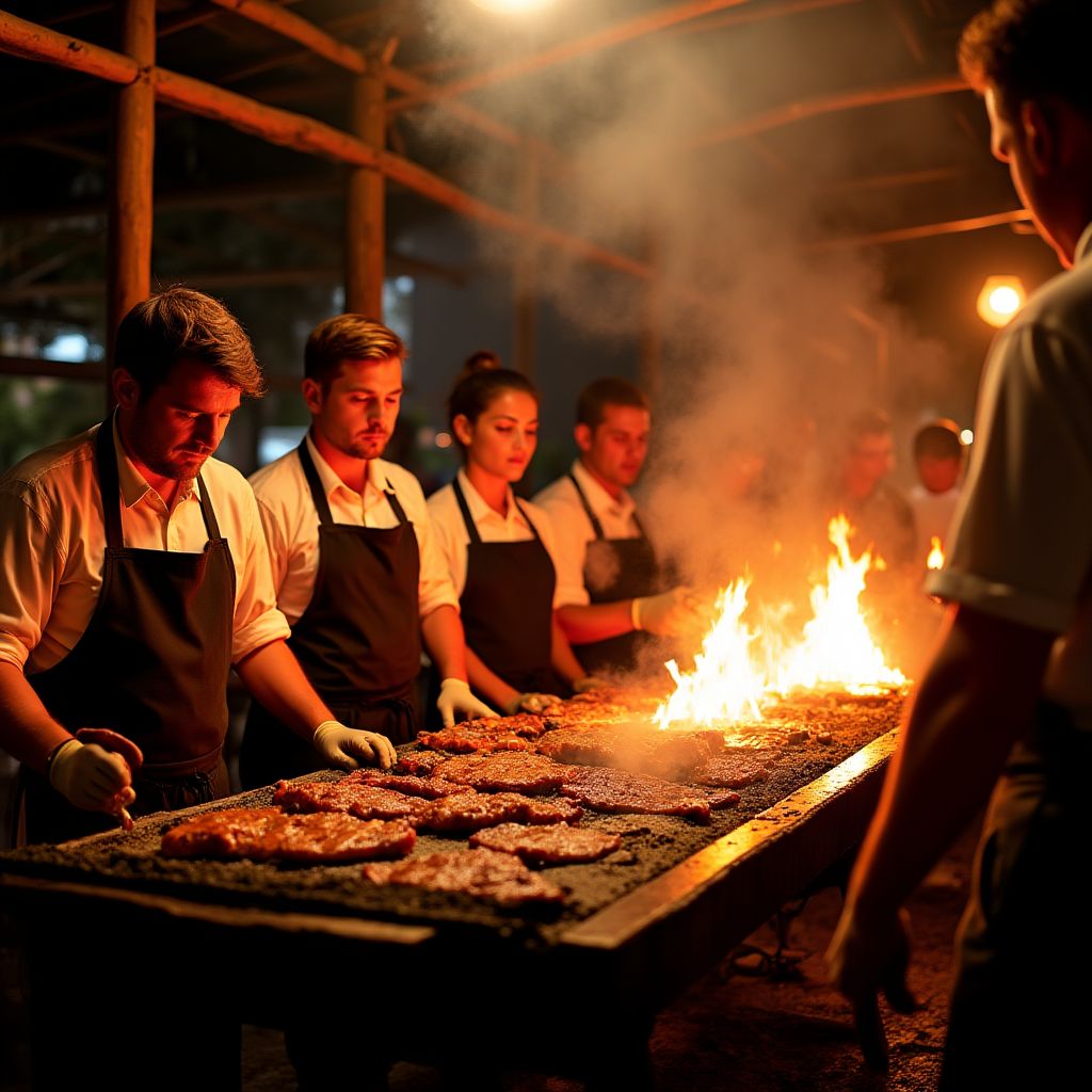 Equipo de Asado Argentino reunido alrededor de una gran parrilla